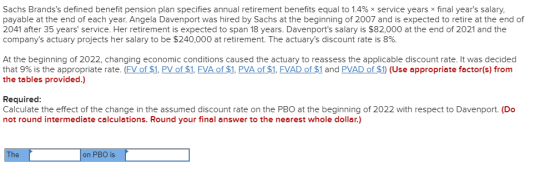 Sachs Brandss defined benefit pension plan specifies annual retirement benefits equal to 1.4% ~ service years * final years