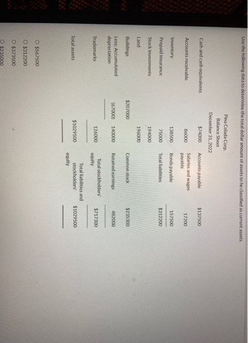 Use the following data to determine the total dollar amount of assets to be classified as current assets. Pina Colada Corp. B