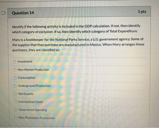 Question 14 1 pts Identify if the following activity is included in the GDP calculation. If not, then identify which category