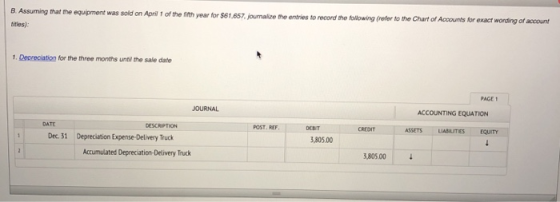 B Assuming that the equipment was sold on April 1 of the fifth tities): year for $61,657, journalize the entries to record th