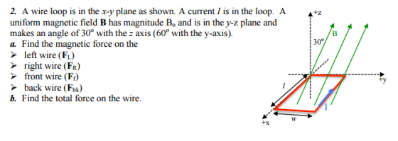 A wire loop is in the x-y plane as shown. A curren