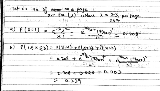 let x = no. of esor on a page 1 xr. Poi d) where = 73. per page . 267 a) P(x=1 = el e 1267 173/47) 208 bl fl1<x53) = P(X=1) +
