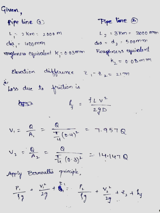 Given, pipe line (1) Tipe line 2 L: 2km = 2000m L2 = 3 km = 3000 mm dia, = 400mm dia = d, - 500mm roughness equivalent k = 0.
