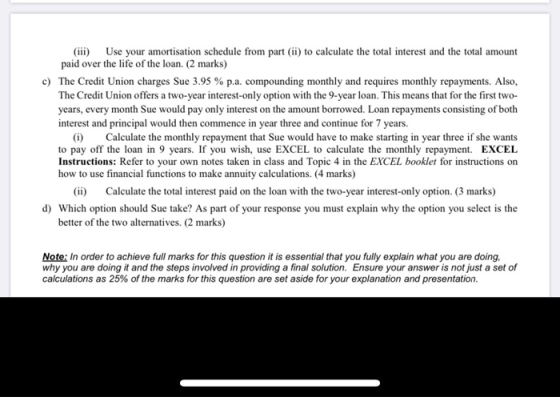 (iii Use your amortisation schedule from part (ii) to calculate the total interest and the total amount paid over the life of