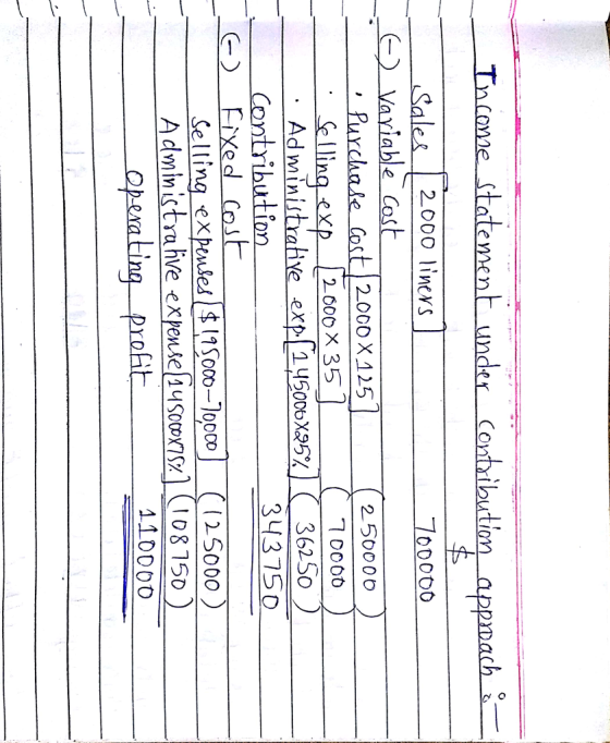 Tncame statement under_Contribution_appnach ale2.00O liners Variable Cost 7o0000 urchale Cost 2000 X125250000 Selling-expーし100x35 Administrative.cxp[1us o X25%[36250 Contribution Eixed Cost 34375O Selting expuses$15000-002 500 Admin LStrahve expense 1 socon%)-108150) Opexa tiną 10000