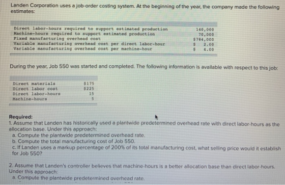 Landen Corporation uses a job-order costing system. At the beginning of the year, the company made the following estimates: D