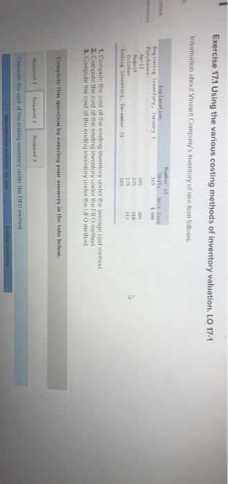 Exercise 17.1 Using the various costing methods of inventory valuation. LO 17-1 Information about Vinzant Companys inventory