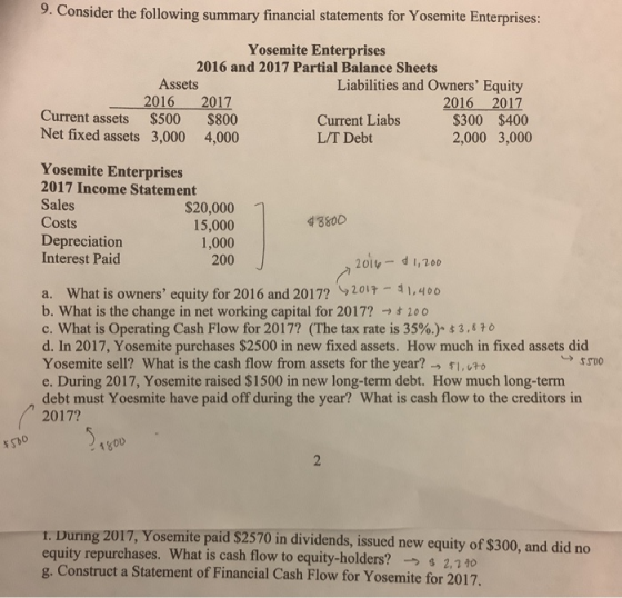 9. Consider the following summary financial statements for Yosemite Enterprises: Yosemite Enterprises 2016 and 2017 Partial B