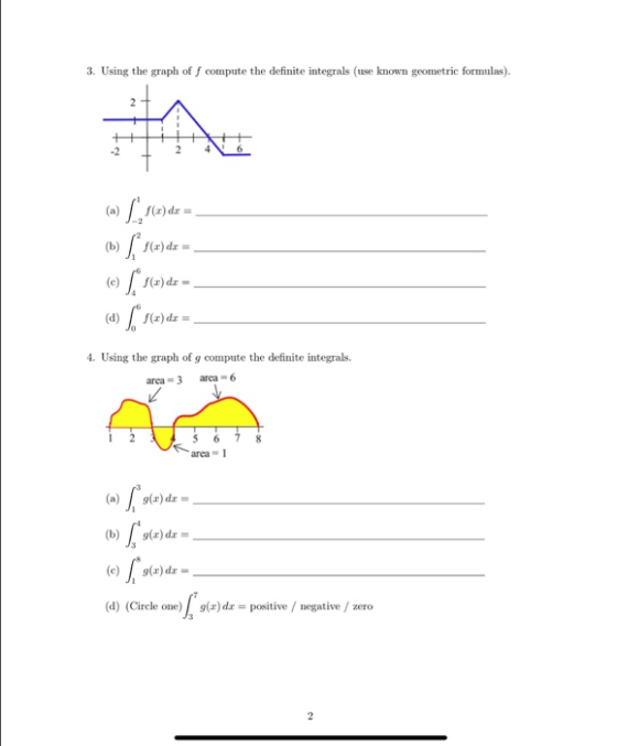 3. Using the graph off compute the definite integrals (use known geometric formulas). 2 4 (n) (2) de (w) | sle)dr = S $12)de