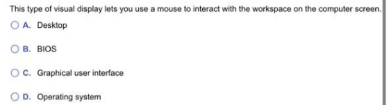 This type of visual display lets you use a mouse to interact with the workspace on the computer screen. O A. Desktop B. BIOS