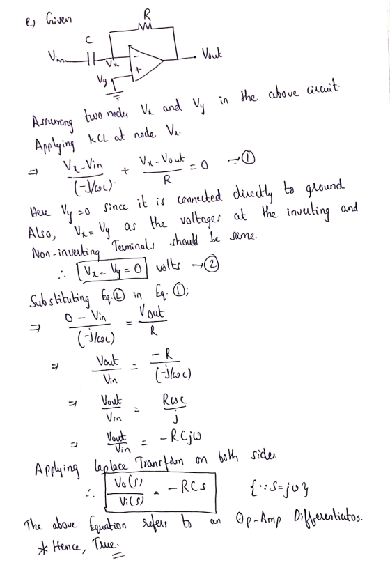 e Given الله له + Assuming two nedes Vx and Vy in the above circuit Applying kll at node Ve. . + Va-Vin . Vx-Vout a C (-5/6)