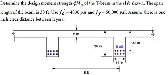 Determine the design moment strength φMn of the T-beam in the slab shown. The span length of the beam is 30 ft. Use fc-4000 psi and fy 60,000 psi. Assume there is one inch clear distance between layers 5 in 32 in 36 in 8#9 15 in 8 ft