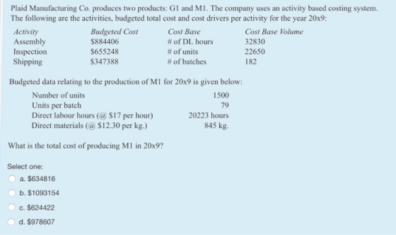 Plaid Manufacturing Co. produces two products: G1 and M1. The company uses an activity based costing system. The following are the activities, budgeted total cost and cost drivers per activity for the year 20x9 Activity Assembly Inspection Shipping Budgeted Cost $884406 $655248 S347388 Cost Base # of DL hours # of units # of batches Cost Base Volume 32830 22650 182 Budgeted data relating to the production of M1 for 20x9 is given below: Number of units Units per batch Direct labour hours ( $17 per hour) Direct materials (a $12.30 per kg.) 1500 79 20223 hours 845 kg. What is the total cost of producing M1 in 20x9? Select one a. $634816 b. $1093154 c. $624422 d. $978607