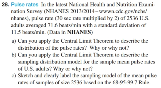 28. Pulse rates In the latest National Health and Nutrition Exami- nation Survey (NHANES 2013/2014 - wwwn.cdc.gov/nchs/ nhane
