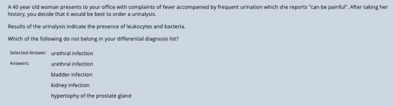 A 40 year old woman presents to your office with complaints of fever accompanied by frequent urination which she reports can