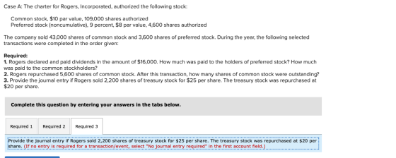 Case A: The charter for Rogers, Incorporated, authorized the following stock: Common stock, $10 par value, 109,000 shares aut