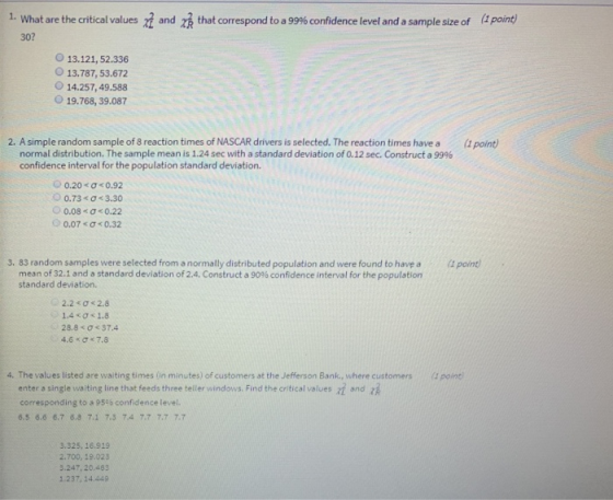 1 (rport What are the critical values 2 30? and 2 that correspond to a 99% confidence level and a sample size of 13.121, 52.336 O13.787,53.672 O14.257,49.588 O 19.768, 39.087 2. A simple random sample of 8 reaction times of NASCAR drivers is selected. The reaction times have a(4 point) normal distribution. The sample mean is 1.24 sec with a standard deviation of 0.12 sec. Construct a 99% confidence interval for the population standard deviation. O 0.20 < σ < 0.92 O0.73<0<3.30 0 0.08-o-o.22 0 0.07 Ơ < 0.32 3. 83 random samples were selected from a normally distributed population and were found to have a (point) mean of 32.1 and a standard deviation of 2.4. Construct a 90% confidence interval for the population standard deviation. 2.2 《 σ < 2.8 28.8 < σ < 37.4 4. The values listed are waiting times tin minutes) of customers at the Jefferson Bank, where customers poin enter a single waiting line that feeds three teller windows. Find the critical values zł and z corresponding to a 95e6 confidence level. 6.5 6.6 6.7 6.8 7.1 7.3 74 7.7 7.7 7.7 3.325, 16.919 2.700, 19.023 3.247, 20.483 1.237, 14449