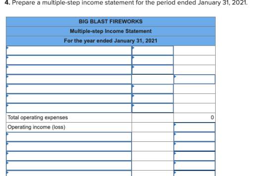 4. Prepare a multiple-step income statement for the period ended January 31, 2021. BIG BLAST FIREWORKS Multiple-step Income S