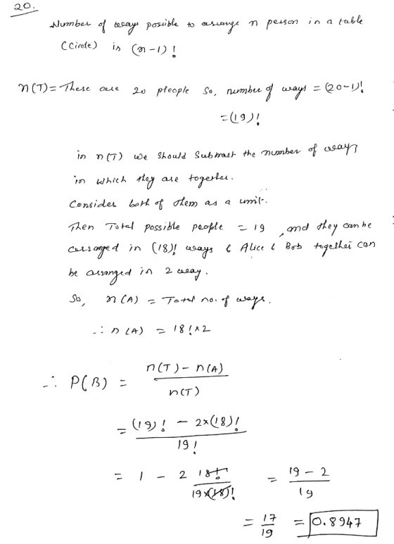 ao pasi to a m peson in a tubk Y)(7) uDe should sub har the mumber fusa Consider b t otem as a um Ten To possible peole 9 ond dle < Alice L Bob tozelloi can n(T)- n(A) PCA) nCT) [9 - 2 O. 8947