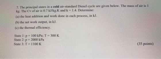 7. The principal states in a cold air-standard Diesel cycle are given below. The mass of air is 1 kg. The Cv of air is 0.7 kJ