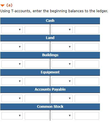 (a Using T-accounts, enter the beginning balances to the ledger. Cash Land Buildings Equipment Accounts Payable Common Stock