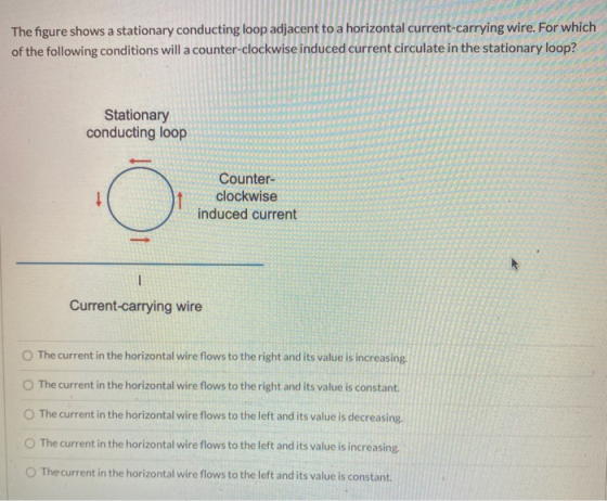 The figure shows a stationary conducting loop adjacent to a horizontal current-carrying wire. For which of the following cond