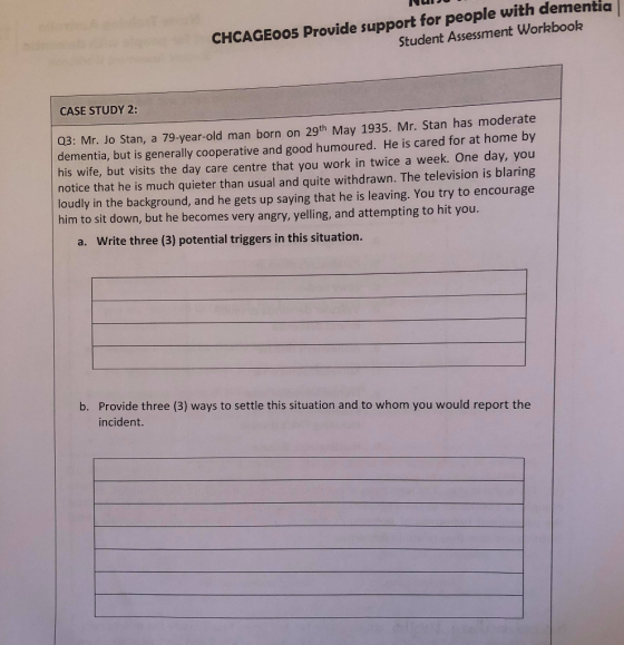 CHCAGE005 Provide support for people with dementia Student Assessment Workbook CASE STUDY 2: Q3: Mr. Jo Stan, a 79-year-old m