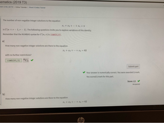 ematics (2019 T3) m081-5199 00770 Online Tutorials> Week 8 Online Tutorial The number of non-negative integer solutions to th