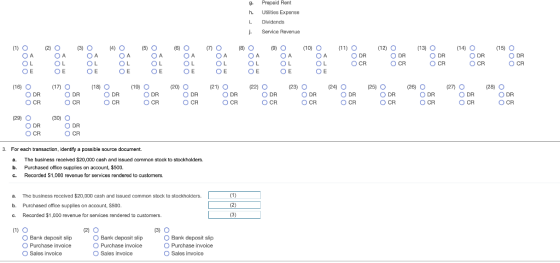 g. h. i. J. Prepaid Rent Utilities Experise Dividends Service Revenue (2) (3) (4) OA (5) (6) O (7) O (1) O OA OL (8) O OA (9)