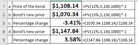 | $1,108.14 | | $1,070.34 | 1 a Price of the bond 2 b Bonds new price 3 c Percentage change | -3.41%-1070.34-1108.14)/1108,