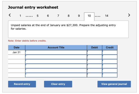 Journal entry worksheet 8 5 6 7 10 14 Unpaid salaries at the end of January are $27,300. Prepare the adjusting entry for sala