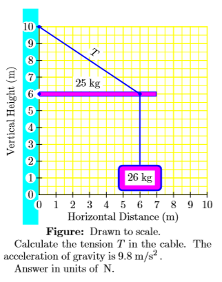 10 9 8 25 kg 6 4 2 26 kg 012 3 4 5 6 7 8 9 10 Horizontal Distance (m) Figure: Drawn to scale. Calculate the tension T in the