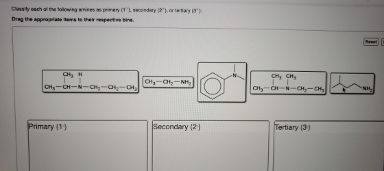 Classify each of the following amines as primary (1°), secondary (29), or tertiary (3) Drag the appropriate items to their re