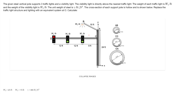 The given steel vertical pole supports 3 traffic lights and a visibility light. The visibility light is directly above the ne