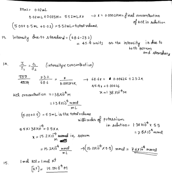 20AL 0.02mL inal concentration of kee in sution 9 1 0.060 27 M 0.02 m L X 0-075M= 5.52MLX1 5.00t 0.5 mL +0.0 2) = 5.52mL=tota