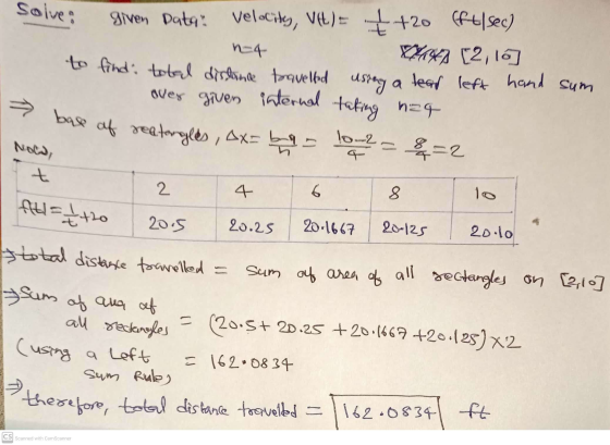 Solve: given Data: Velocity, VL) +20 (ft|sec) n-4 W1447 [2,1a] to find: total distance travelled ustang a tead left hand sum