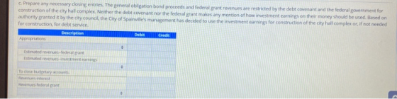 c. Prepare any necessary closing entries. The general obligation bond proceeds and federal grant revenues are restricted by t