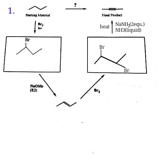 1. Starting Malerial Final Product Br Irv NaNH2equ.) NH3iquid) Br Br Br NaOMe (E2) Br