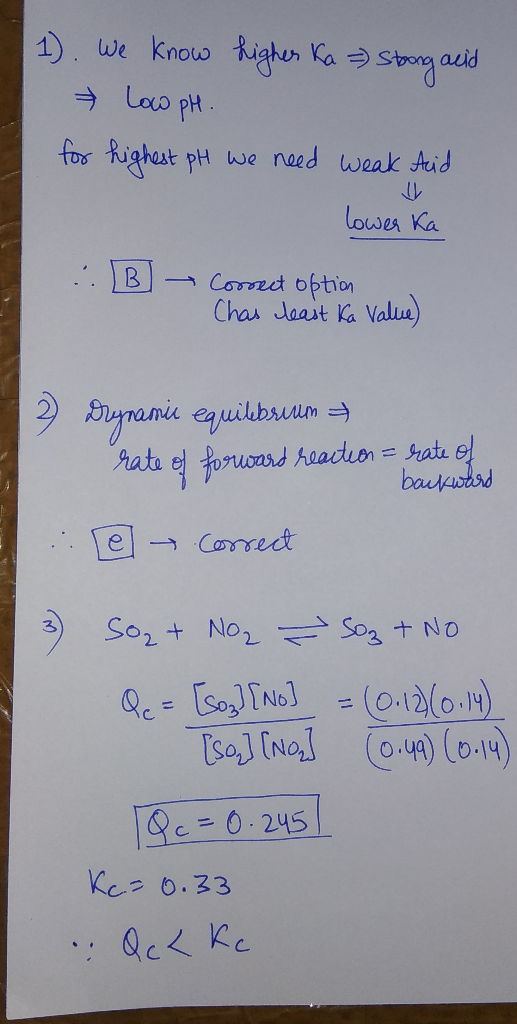 1. We know higher Ka = Strong acid → Low pH. for highest pH we need weak Acid lower Ka :. B Correct option Chas cleast Ka Val
