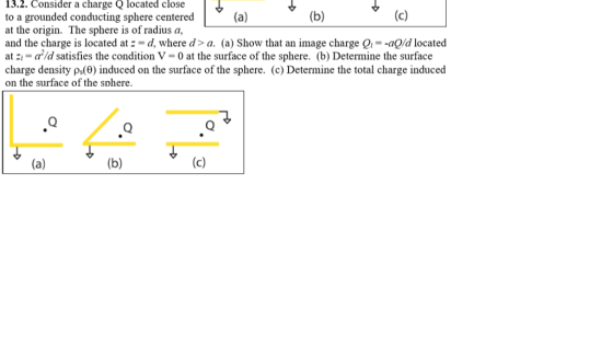 13.2. Consider a charge Q located close to a grounded conducting sphere centered(a) at the origin. The sphere is of radius a, and the charge is located at-= d, where d> a. (a) Show that an image charge Qi--a0d located a12-a2/d satisfies the condition V = 0 at the surface of the sphere. (b) Determine the surface charge density ρ(0) induced on the surface of the sphere. (c) Determine the total charge induced on the surface of the sohere. .