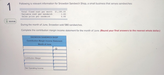 Following is relevant information for Snowdon Sandwich Shop, a small business that serves sandwiches: Total fixed cost per mo
