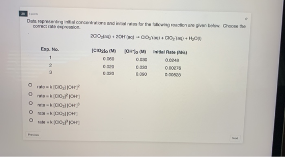 28 its Data representing initial concentrations and initial rates for the following reaction are given below. Choose the corr