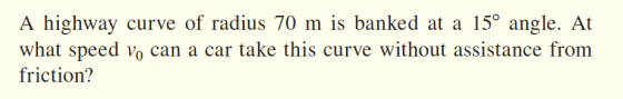 A highway curve of radius 70 m is banked at a 15° angle. At what speed vo can a car take this curve without assistance from f