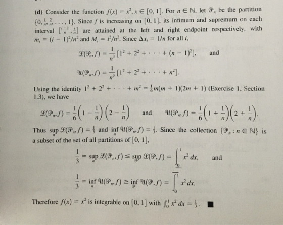 and (d) Consider the function f(x) = x, x € (0,1). For n E N, let P, be the partition {0,1...,1}. Since ſ is increasing on [0