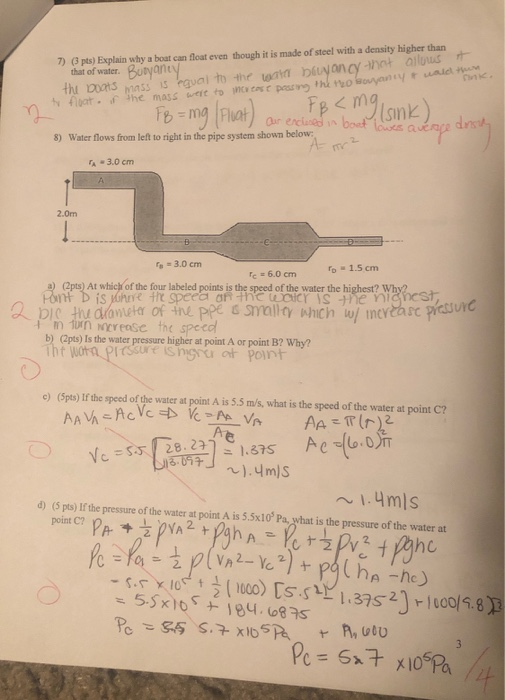 7) (3 pts) Explain why a boat can float even though it is made of steel with a density higher than that of water. Butyanty th