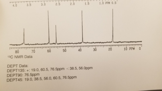 4.0 3.5 3.0 2.5 2.0 1.0 PPM 0.5 60 50 40 30 20 10 PPM 09 B070 13C NMR Data DEPT Data: DEPT135: +: 19.0, 60.5, 76.5ppm - 38.5,