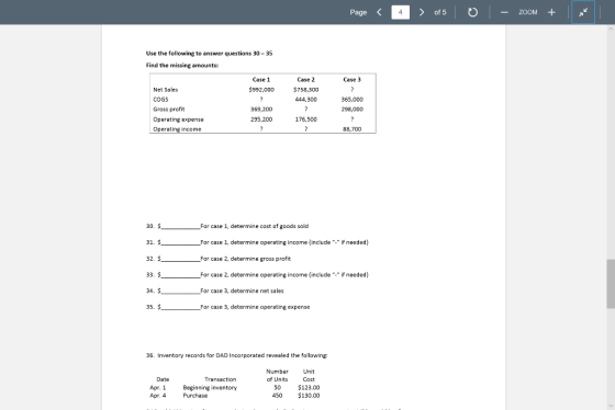 Page 4 of 5 - ZOOM + Use the following to answer questions 30-35 Find the missing amounts: Case 3 Case 1 $992,000 Case 2 $758