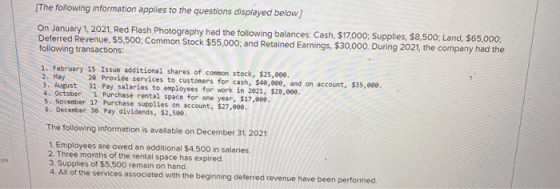 [The following information applies to the questions displayed below) On January 1, 2021, Red Flash Photography had the follow