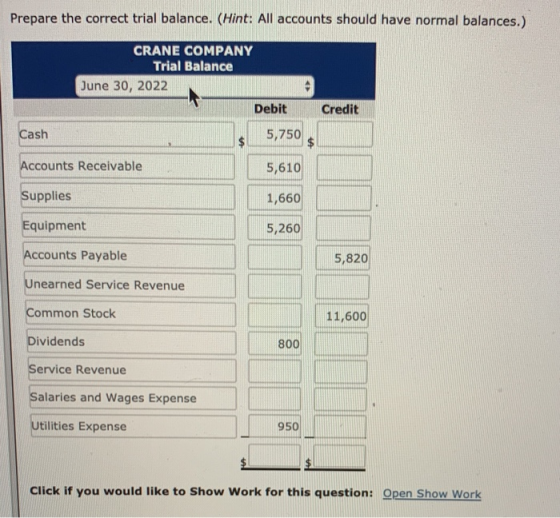 Prepare the correct trial balance. (Hint: All accounts should have normal balances.) CRANE COMPANY Trial Balance June 30, 202