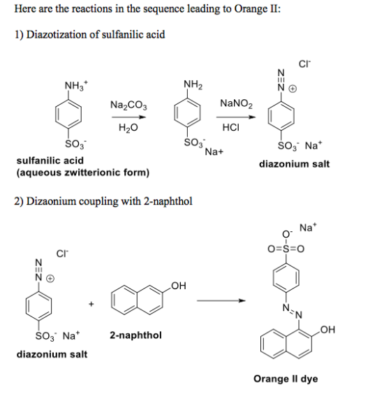 Here are the reactions in the sequence leading to Orange II: 1) Diazotization of sulfanilic acid CI II NH2 NH3 NaNO2 Na2CO3 H
